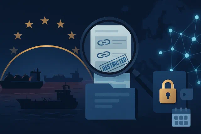 Map of Europe with a tanker symbol, an LNG cloud and a cryptocurrency icon — illustration of the EU's 19th sanctions package against Russia (October 2025)