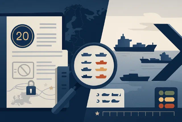 EU's 20th sanctions package against Russia — infographic showing the date 23 April 2026, key areas, and the figure of 632 shadow fleet vessels