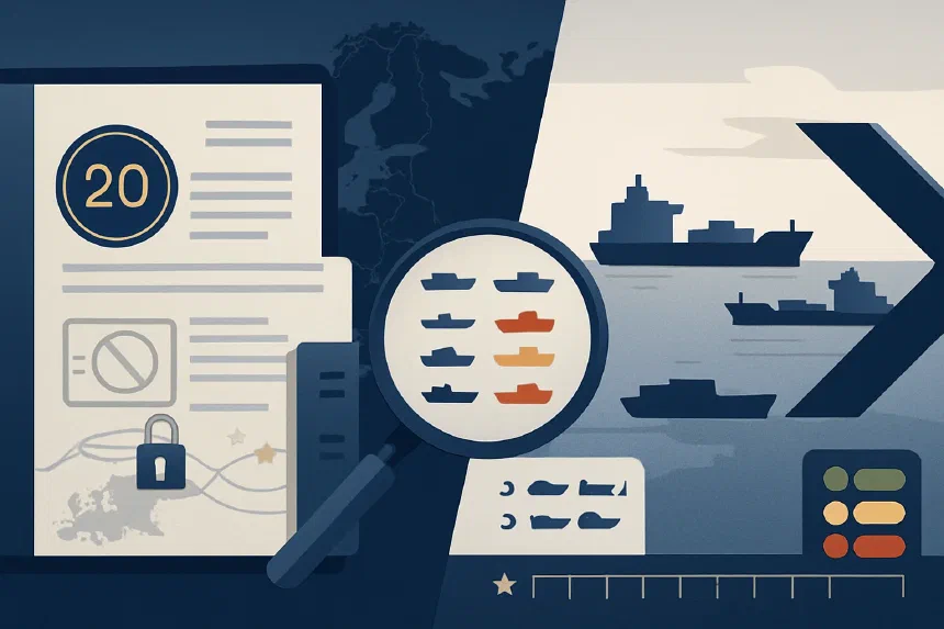 EU's 20th sanctions package against Russia — infographic showing the date 23 April 2026, key areas, and the figure of 632 shadow fleet vessels