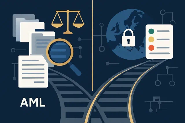 Two separate legal tracks — AML and sanctions — shown diverging on a diagram, symbolising distinct compliance regimes for companies in Poland