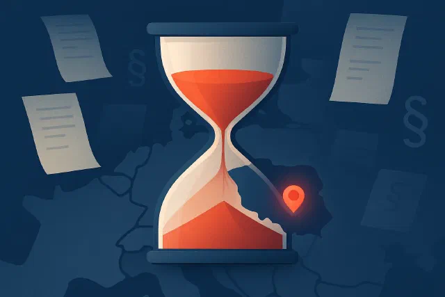 Klepsydra z przesypującym się czerwonym piaskiem nad mapą Europy Środkowej z zaznaczoną Polską — symbol upływu terminu transpozycji AMLD6