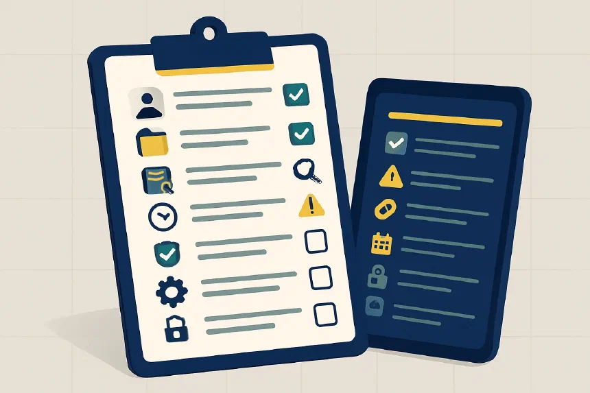 Checklist audytu sankcyjnego na biurku obok komputera z wynikami weryfikacji wobec list UE i MSWiA — proces wewnętrznej oceny zgodności firmy z obowiązkiem sanction screening