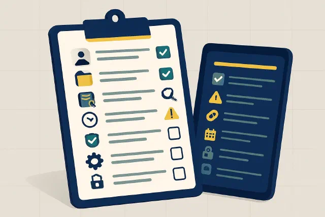 Checklist audytu sankcyjnego na biurku obok komputera z wynikami weryfikacji wobec list UE i MSWiA — proces wewnętrznej oceny zgodności firmy z obowiązkiem sanction screening