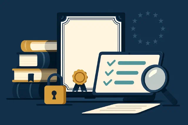 Certyfikat compliance officera ds. sankcji leżący na biurku obok dokumentów prawnych i laptopa — symbolizuje formalne potwierdzenie kompetencji sankcyjnych