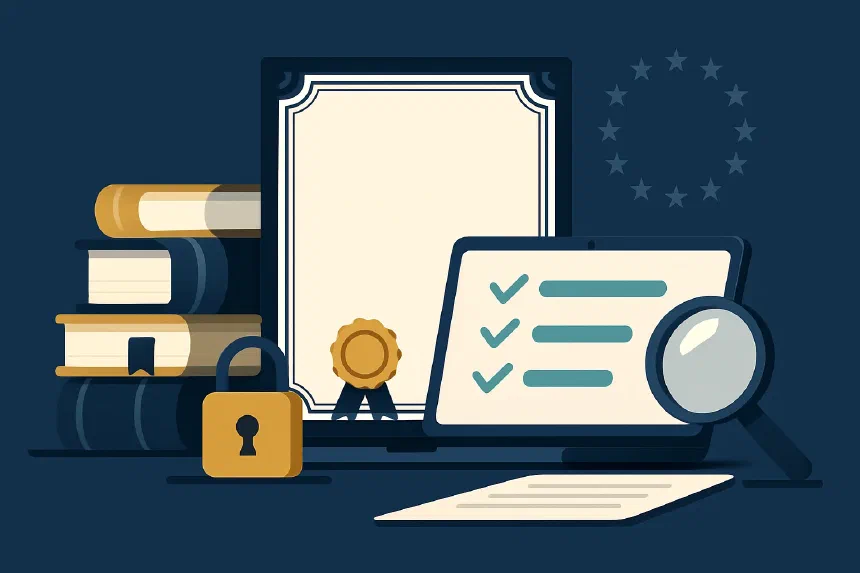 Certyfikat compliance officera ds. sankcji leżący na biurku obok dokumentów prawnych i laptopa — symbolizuje formalne potwierdzenie kompetencji sankcyjnych