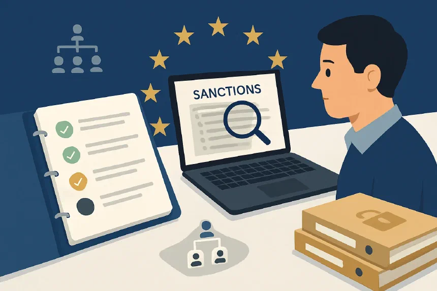 Small business owner at a desk reviewing EU sanctions documents — sanctions compliance officer in an SME