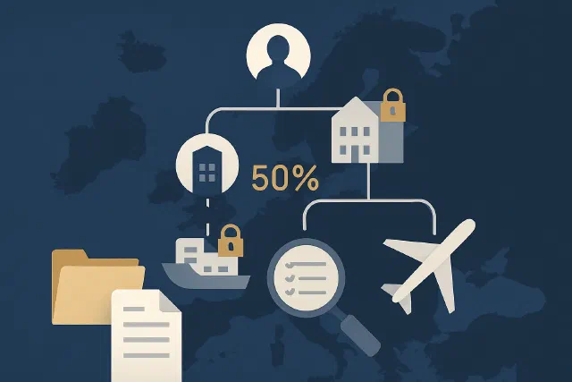 Diagram of categories of entities subject to EU sanctions — natural persons, companies, vessels, aircraft and entities linked through the ownership rule
