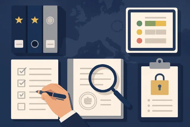 Company employee reviewing sanctions compliance documentation before a KAS audit — preparing for an EU sanctions inspection