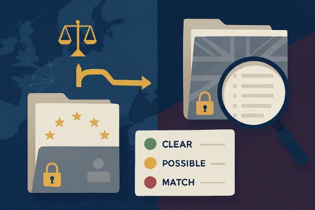 Screen showing the UK Sanctions List (OFSI) search tool — verifying a British counterparty for sanctions compliance after Brexit