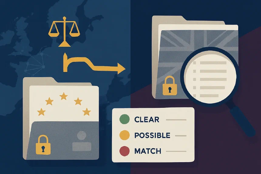 Screen showing the UK Sanctions List (OFSI) search tool — verifying a British counterparty for sanctions compliance after Brexit