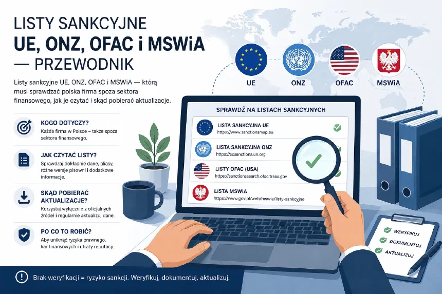 Infographic comparing EU, UN, OFAC and MSWiA sanctions lists — country flags, data sources and verification steps for a Polish company