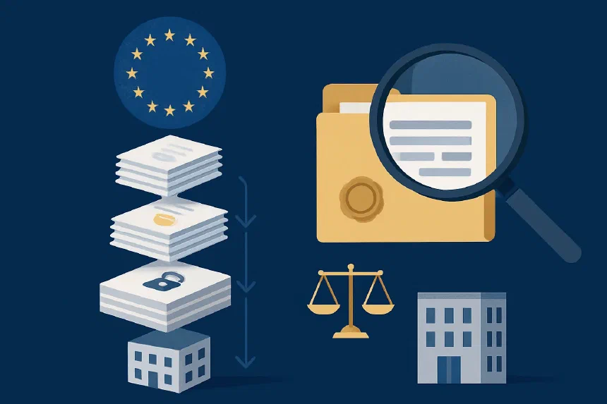 Diagram of the EU sanctions legal hierarchy — from the Treaties through Council Regulations to national law