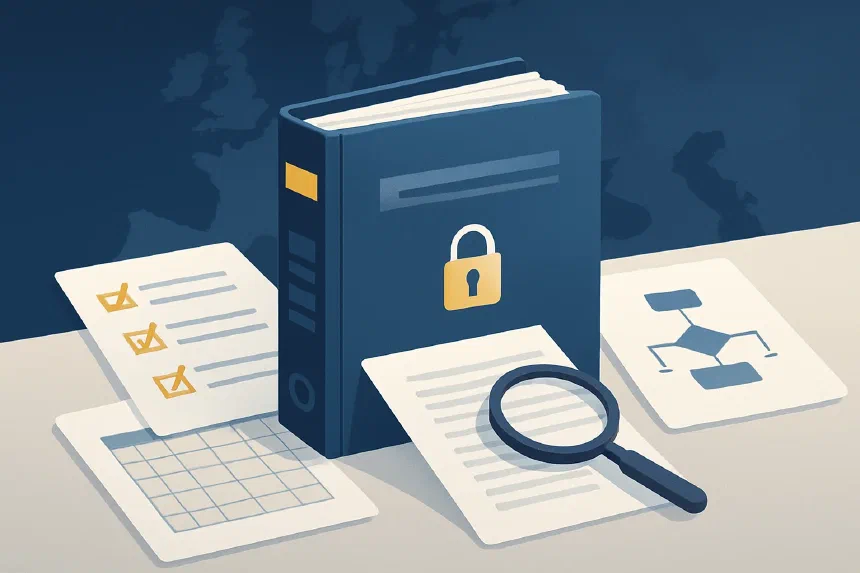 Person at a desk reviewing a company's sanctions policy documents — compliance and counterparty verification against EU sanctions lists