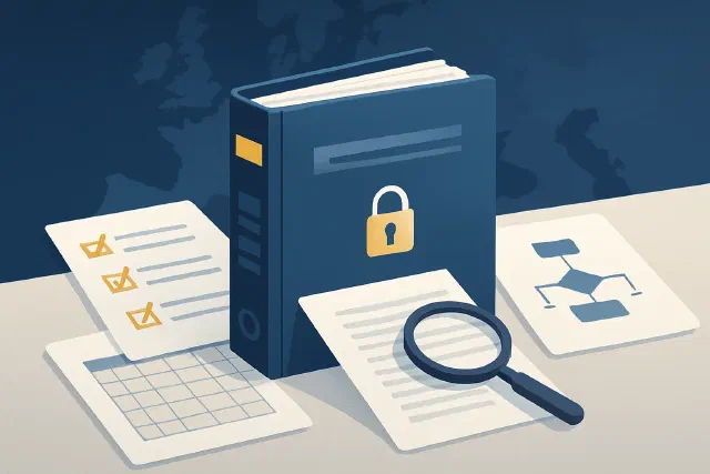 Person at a desk reviewing a company's sanctions policy documents — compliance and counterparty verification against EU sanctions lists