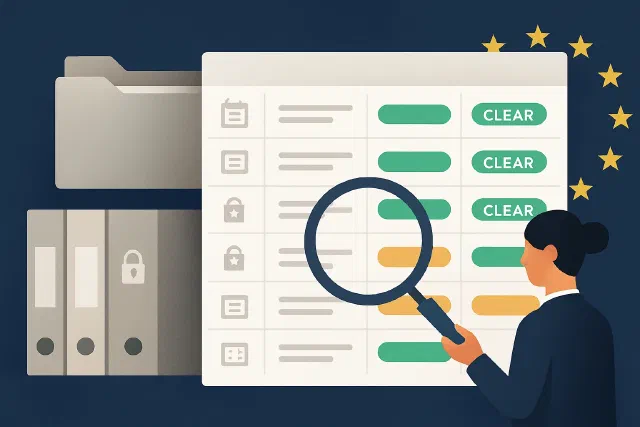Open sanctions hit register table with columns: date, counterparty, result CLEAR — compliance documentation for non-financial companies