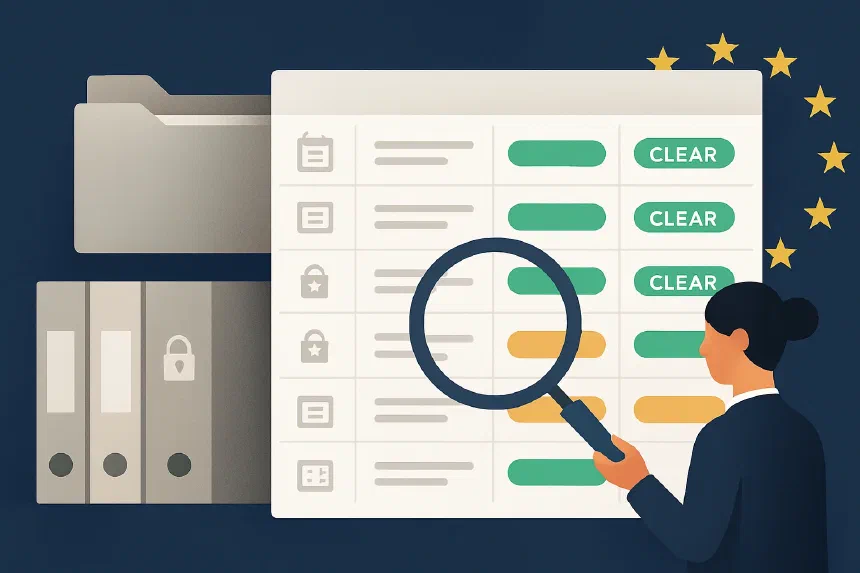 Open sanctions hit register table with columns: date, counterparty, result CLEAR — compliance documentation for non-financial companies