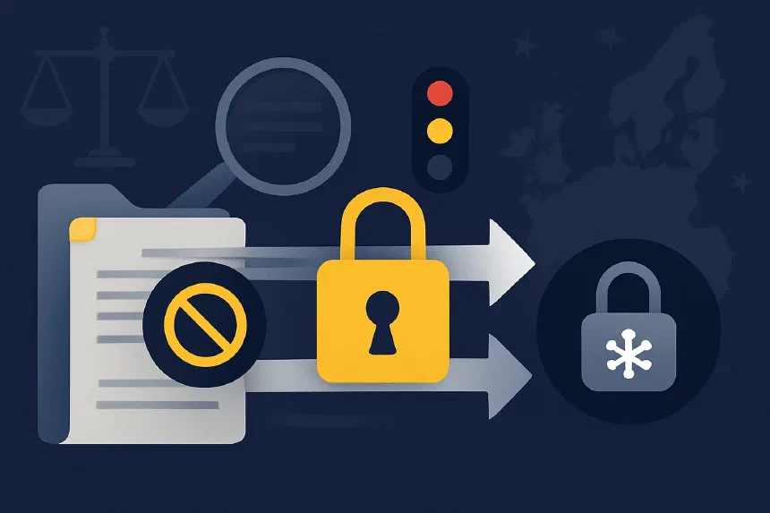 Bank transfer stopped due to EU sanctions — illustration of a blocked payment for a company