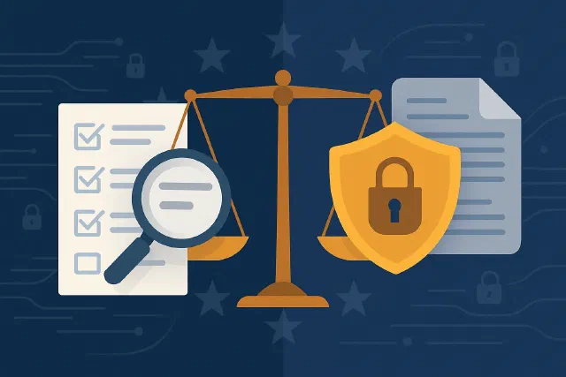 A company employee analysing a counterparty verification result on screen — sanction screening compliance with GDPR and personal data protection