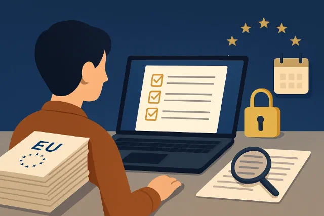 A sole proprietor at a laptop checks a counterparty against the EU sanctions list — sanction screening obligation for sole traders and micro-businesses