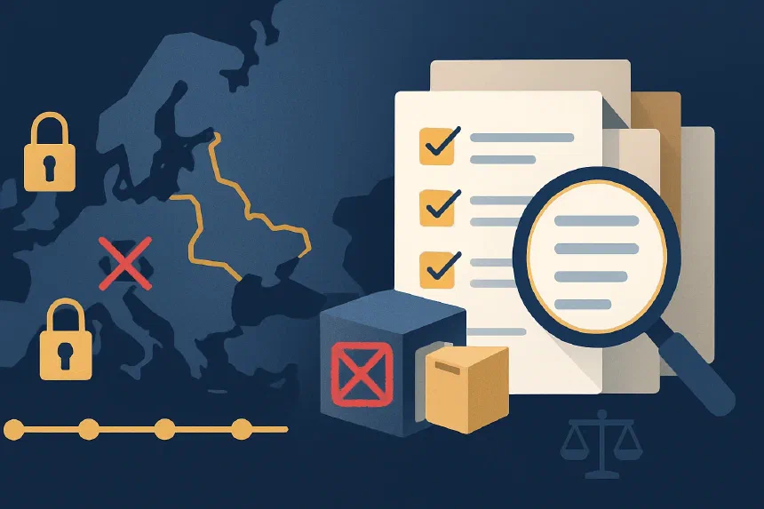 Map of Europe with markings of EU sanctions regimes against Russia — infographic for SME companies