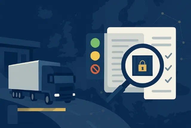 A lorry at a border crossing — sanctions in transport and freight forwarding, sanctions screening for logistics companies