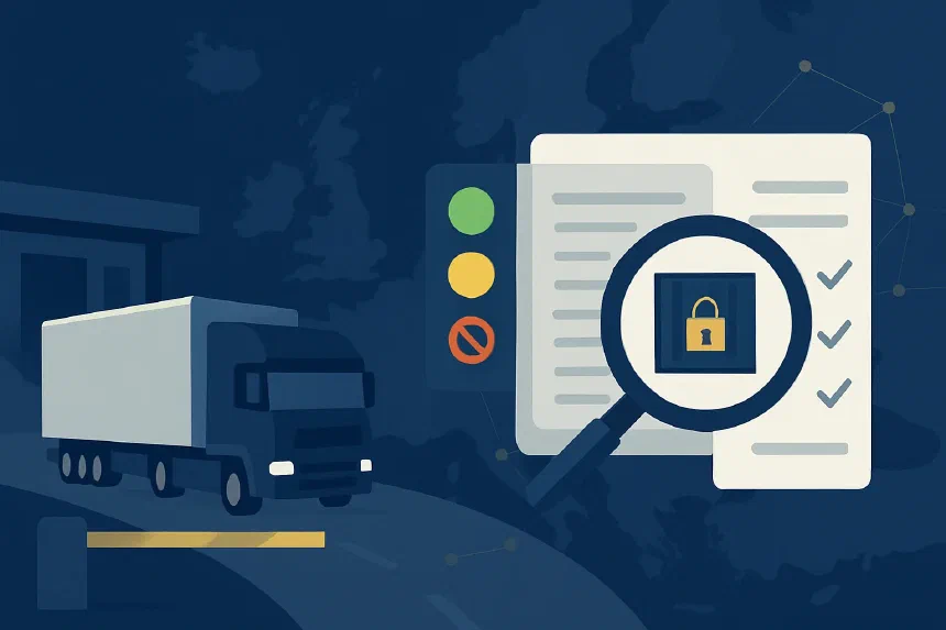 A lorry at a border crossing — sanctions in transport and freight forwarding, sanctions screening for logistics companies