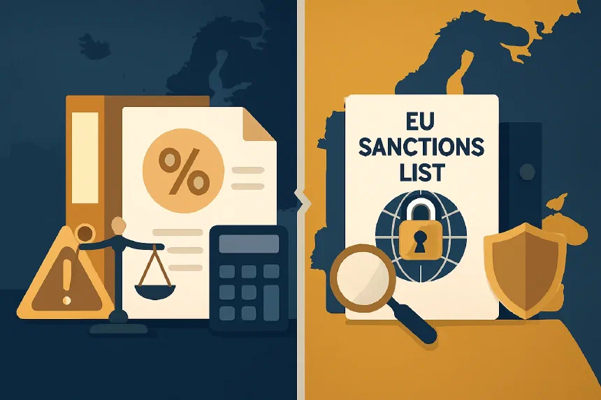 Two documents side by side — a VAT invoice and an EU sanctions list — illustrating the difference between a tax penalty and international sanctions
