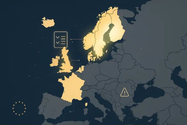 Map of 9 EU countries (Sweden, Netherlands, Denmark, Estonia, Finland, Latvia, Lithuania, Slovakia, Luxembourg) that transposed Directive 2024/1226 by July 2025.