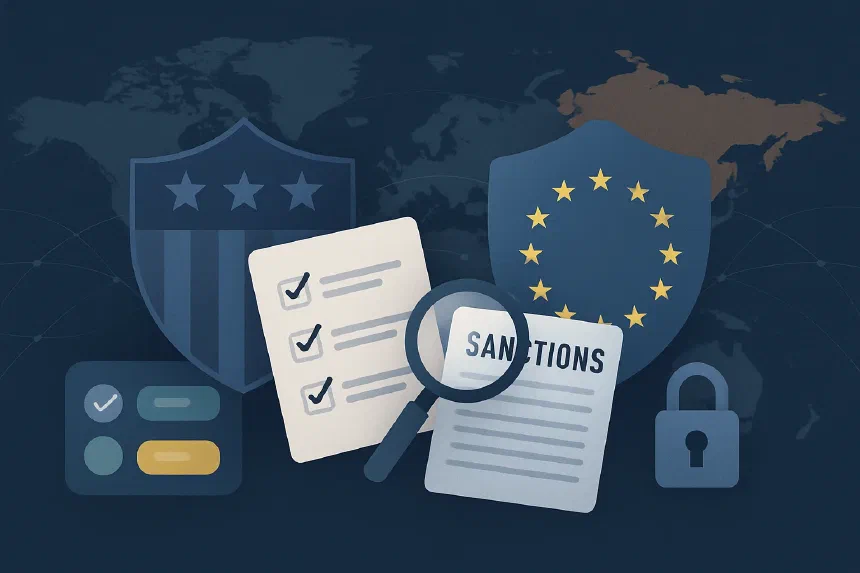 Porównanie systemów sankcyjnych OFAC USA i sankcji Unii Europejskiej wobec Rosji — schemat dla firm