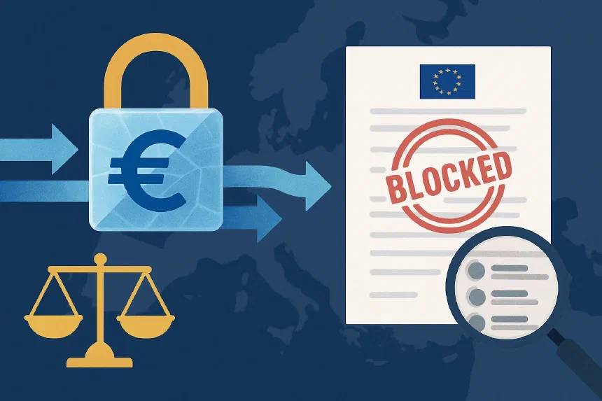 Blocked bank account and company documents — illustration of an asset freeze under EU sanctions