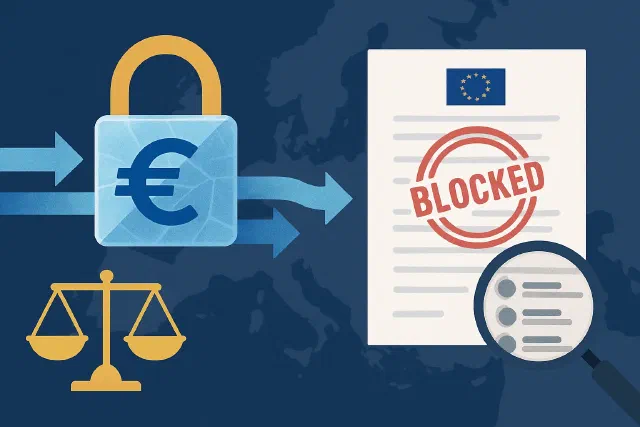 Blocked bank account and company documents — illustration of an asset freeze under EU sanctions