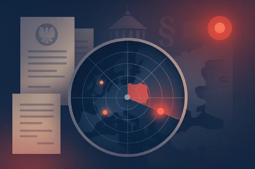 AML/CFT strategy document against the backdrop of the Polish flag and a government building