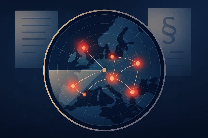 Symboliczna mapa Unii Europejskiej z liniami wymiany danych między instytucjami krajowymi